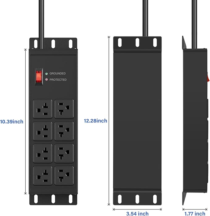 CCCEI Black Heavy Duty Power Strip Surge Protector 20 AMP, 8 Outlets 12 Gauge Industrial Shop Garage Metal Multiple Outlets, 15 FT Extension Cord 5-15P Adapter High Amp 6-20R T-Slot 20a for Appliance