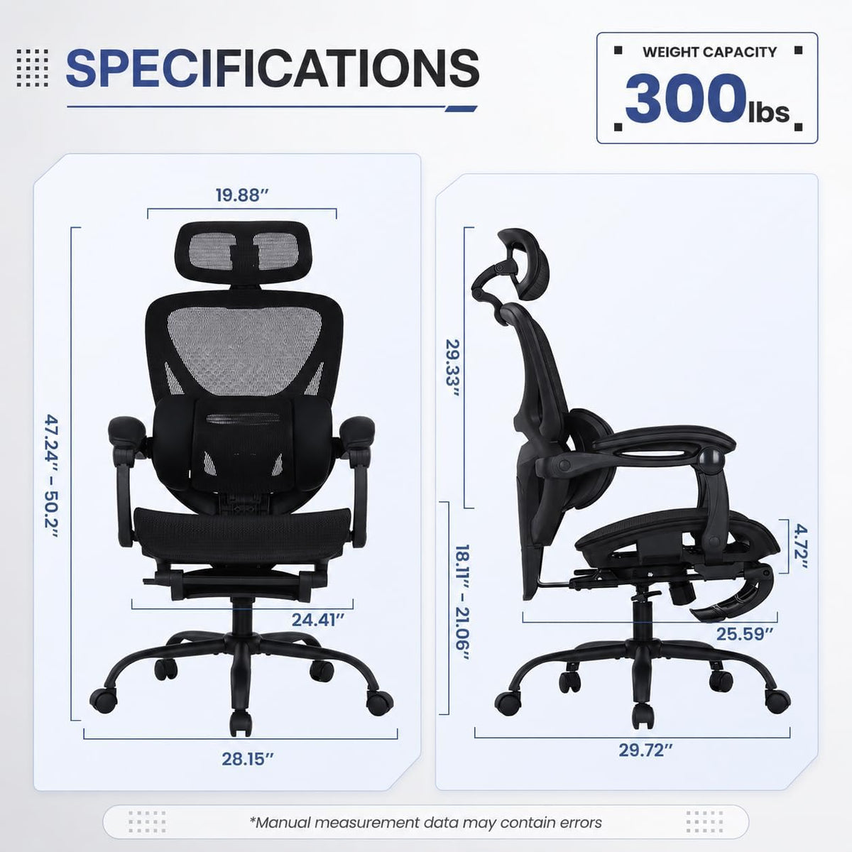 MALOL Ergonomic Mesh Office Chair with Footrest, High Back Desk Chair with 5-Level Adjustable Lumbar Support, 3D Headrest, 130° Reclining Backrest, Adaptive Armrests, Home Office Computer Chair, Black
