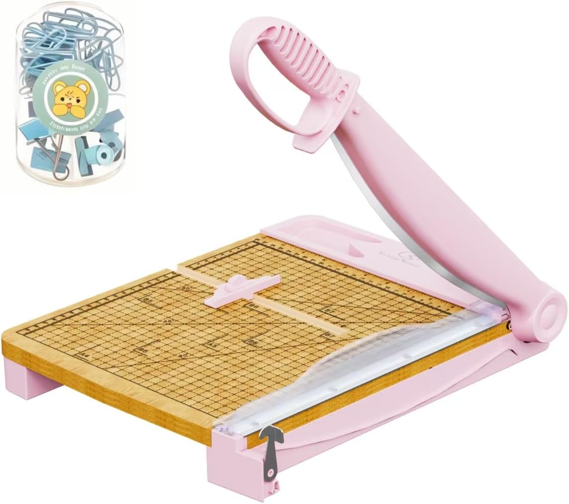 12 Inch Heavy Duty Paper Cutter, Wood Guillotine Paper Cutter & Paper Trimmer, 25-30 Sheets Capacity Paper Cutting Board for Classroom, Crafting, Cardstock Pink