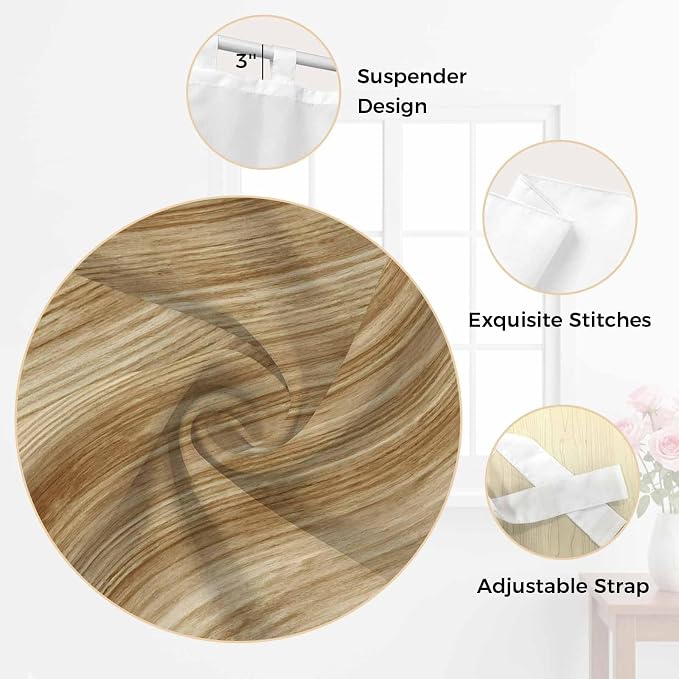 Light Brown Wood Grain Bathroom Curtains 63 Inch Length, Window Curtains Tab Top
