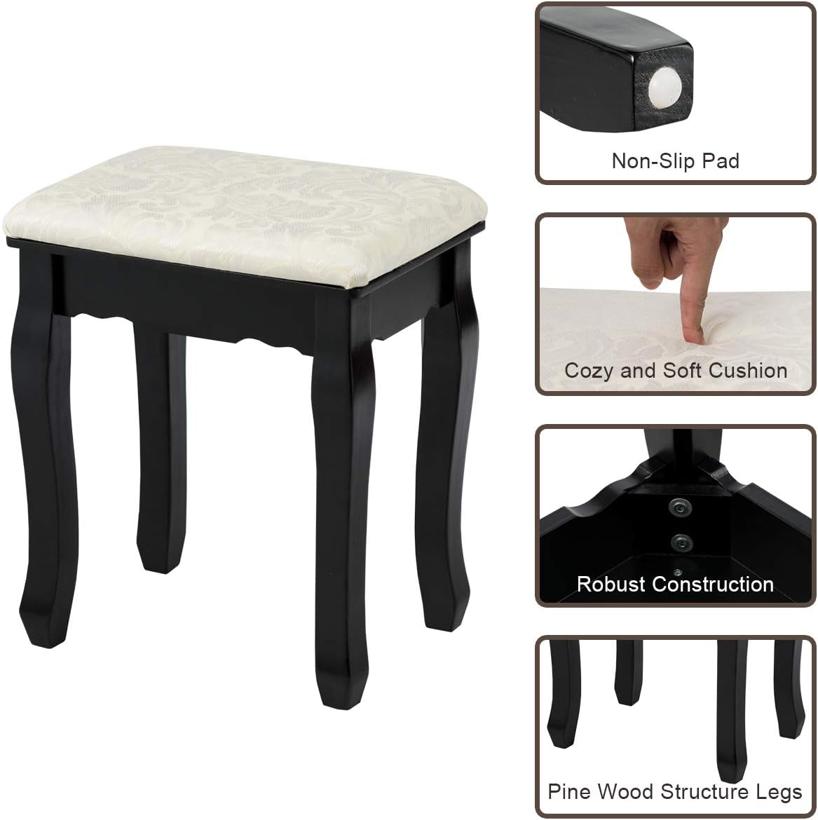 GOFLAME Vanity Set with 360° Rotating Oval Makeup Mirror, Dressing Table & Cushioned Stool Set with 5 Sliding Drawers & 12 LED Lights, Detachable Top, Perfect for Dressing Room, Bedroom (Black)