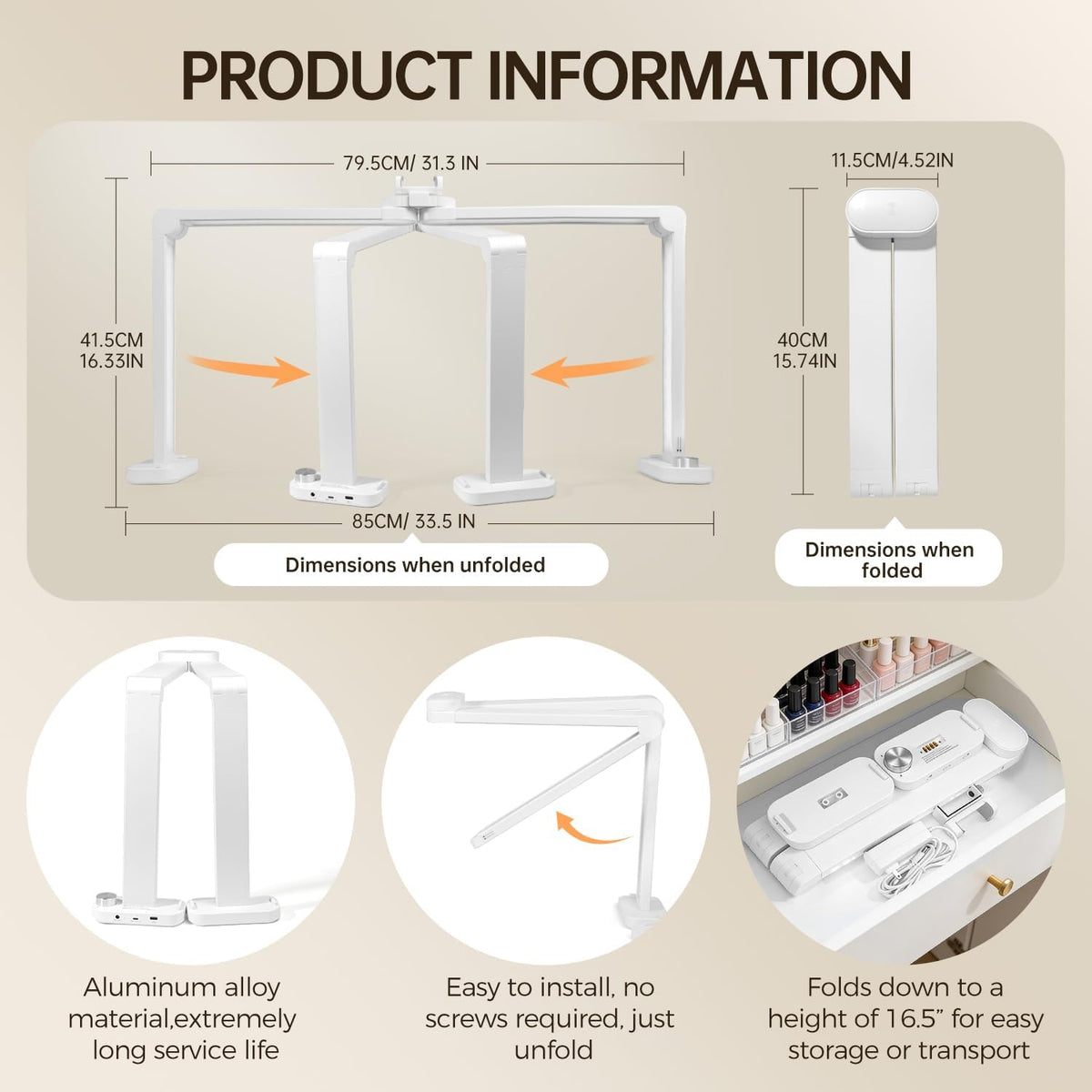 33.5" Foldable Nail Desk Lamp, 3500LM Half Moon Light for Nail Desk