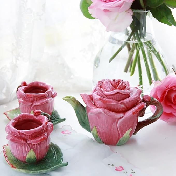 Ceramic Rose Tea Pot Set, 3D Hand-painted Rose Red Flower Cup and Green Leaves