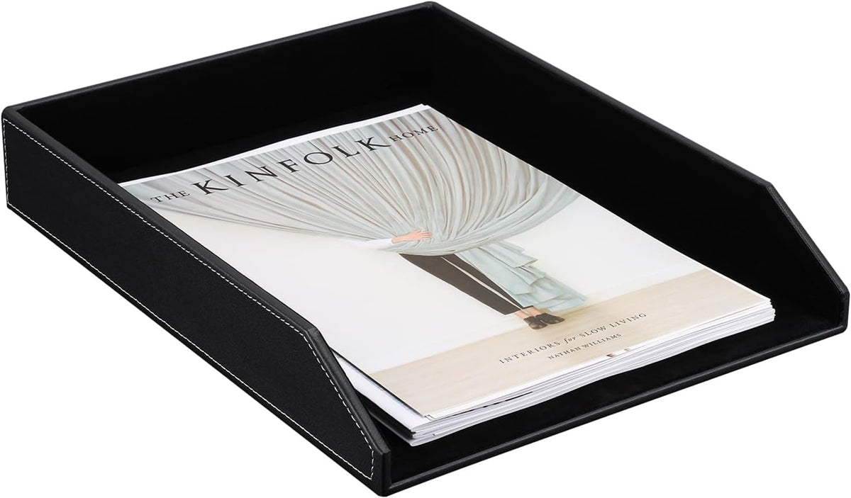 KINGFOM Letter Tray, PU Leather Paper Organizer Tray for Desk, Paper Organizer Storage Holder for Office Home or School A4 Size Black