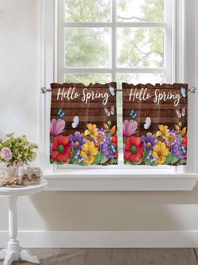 Spring Flowers Half Window Curtain 36 Inches Long, Watercolor Farmhouse
