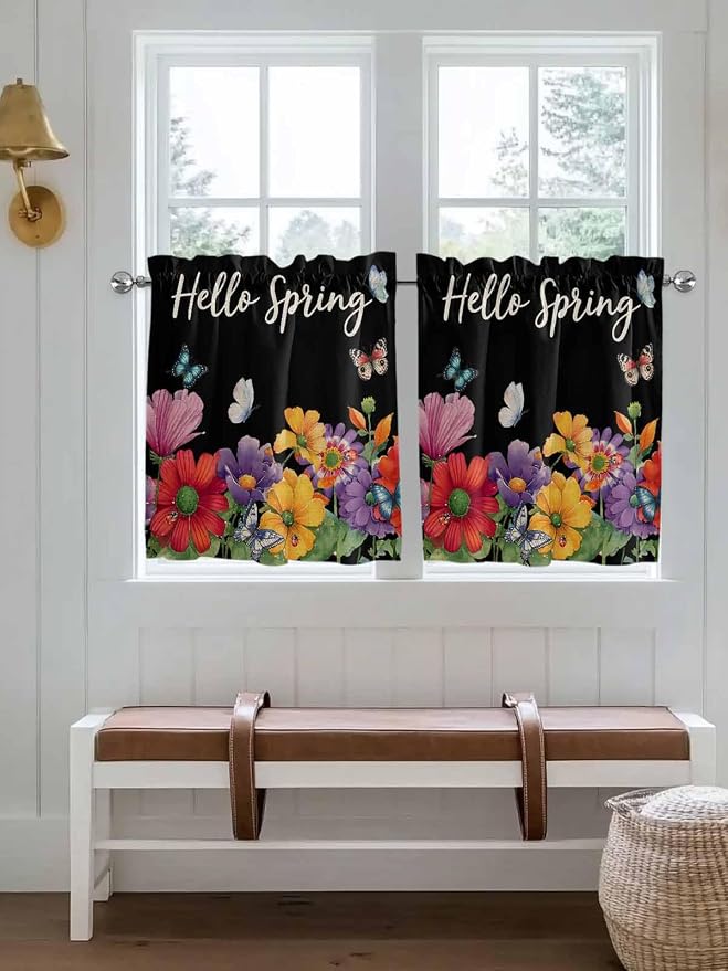 Spring Flowers Half Window Curtain 36 Inches Long, Watercolor Country Colorful
