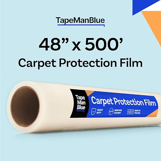 TapeManBlue Carpet Protection Film, 48 inch x 500 feet, Made in The USA, Strong and Durable Self-Adhesive Plastic Carpet Protector with Easy Unwind and Clean Removal