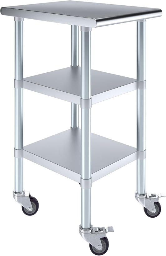 AmGood Stainless Steel Work Table with 2 Shelves and Casters | Metal Utility Table On Wheels (Stainless Steel Work Table with 2 Shelves + Casters, 18" Long x 24" Deep)