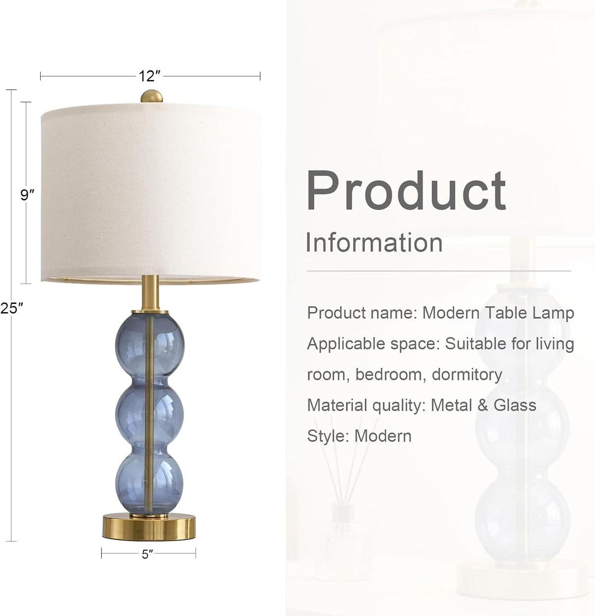 Oneach 25" Blue Table Lamps for Living Room, Glass Modern Table Lamp Set of 2, USB Charging Ports, Linen Shade, Bedside Lamps for Bedroom, Nightstand, Side Table