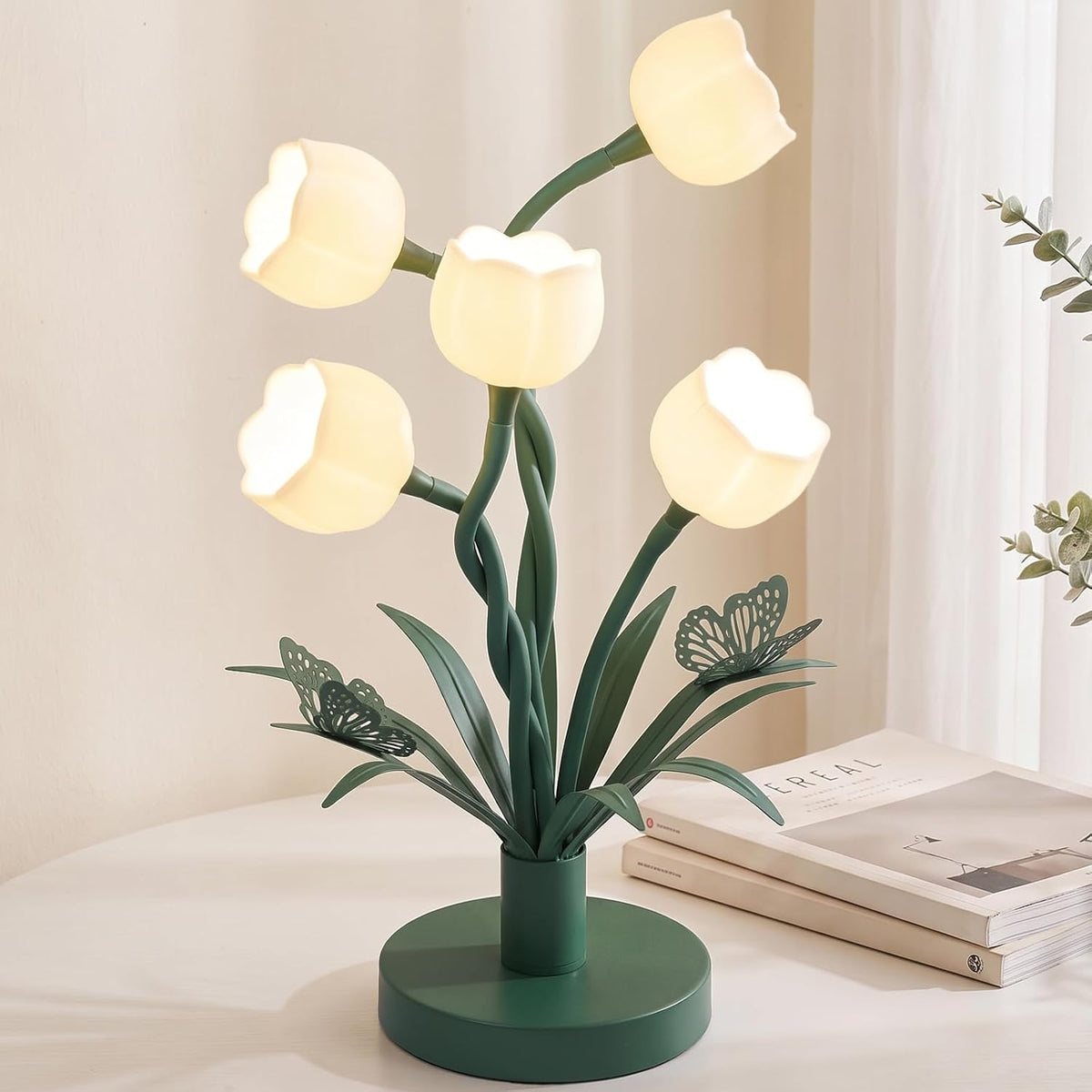 Adjustable Gooseneck 5 Lily of The Valley Flower Table Lamp with Butterfly