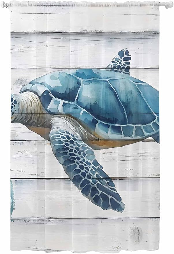 Sheer Curtains 84 Inches Long, Sea Turtle Blue Semi Sheer Curtains Light