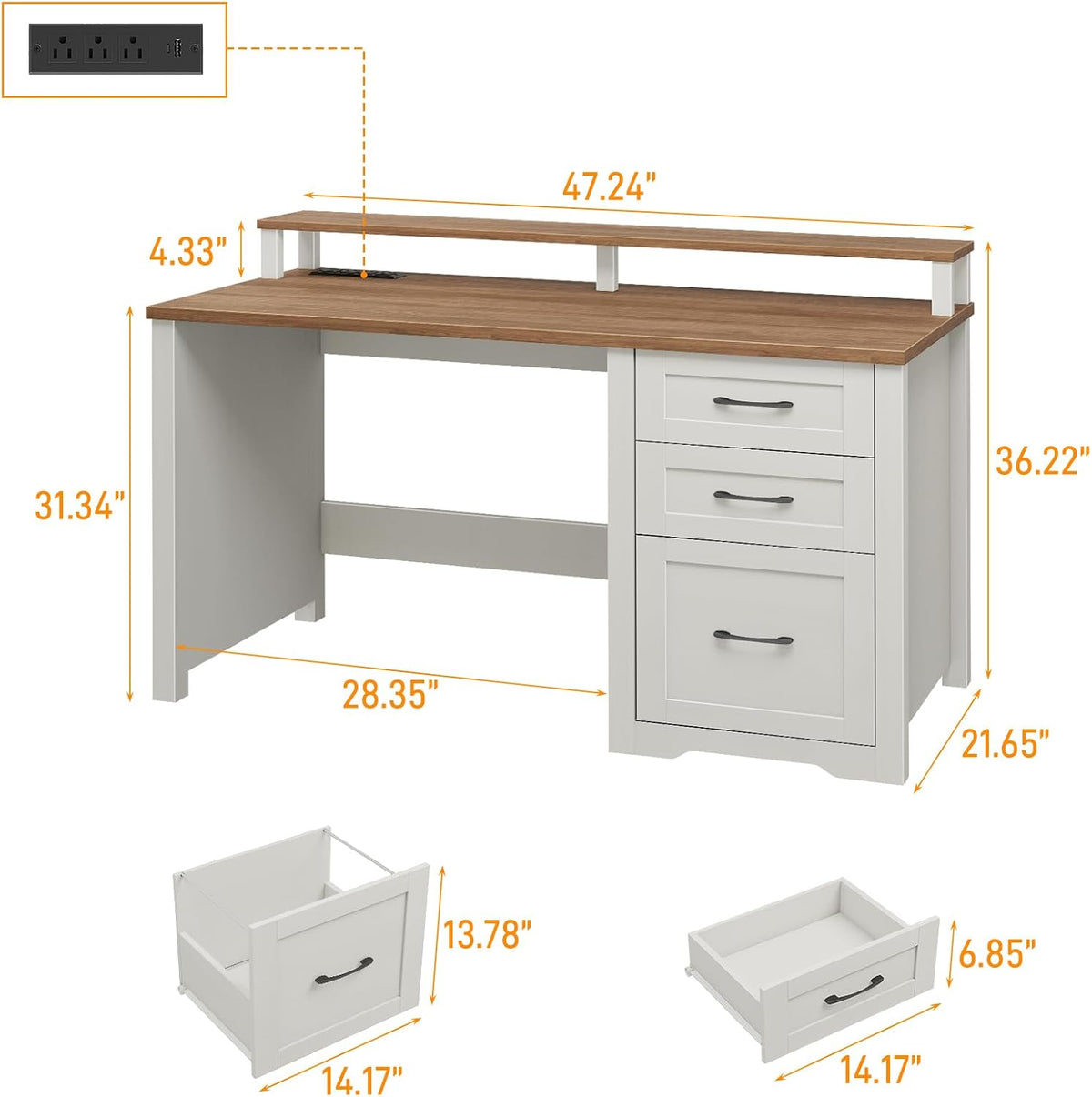 Vabches 47" Farmhouse Executive Desk with 3 Drawers,LED Lights,Unique White