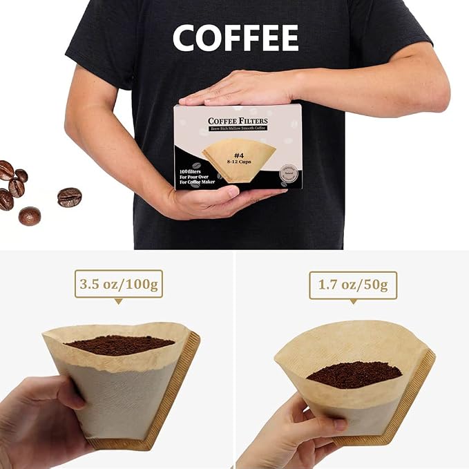 #4 Cone Coffee Filter 8-12 cup, Unbleached Natural Paper, No Blowout, Disposable