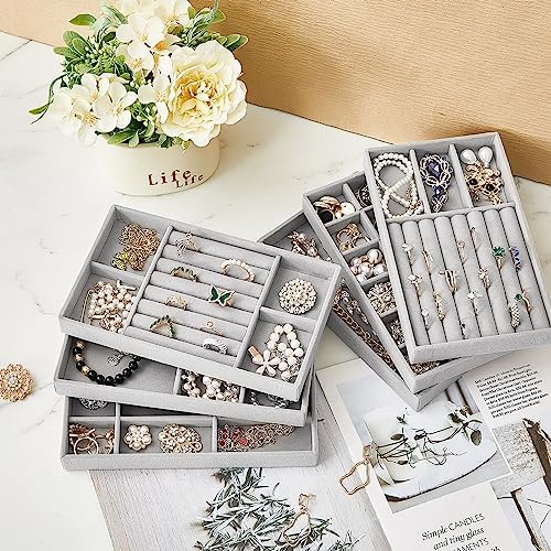 Junkin 18 Pcs Stackable Jewelry Drawer Organizer Inserts Gray