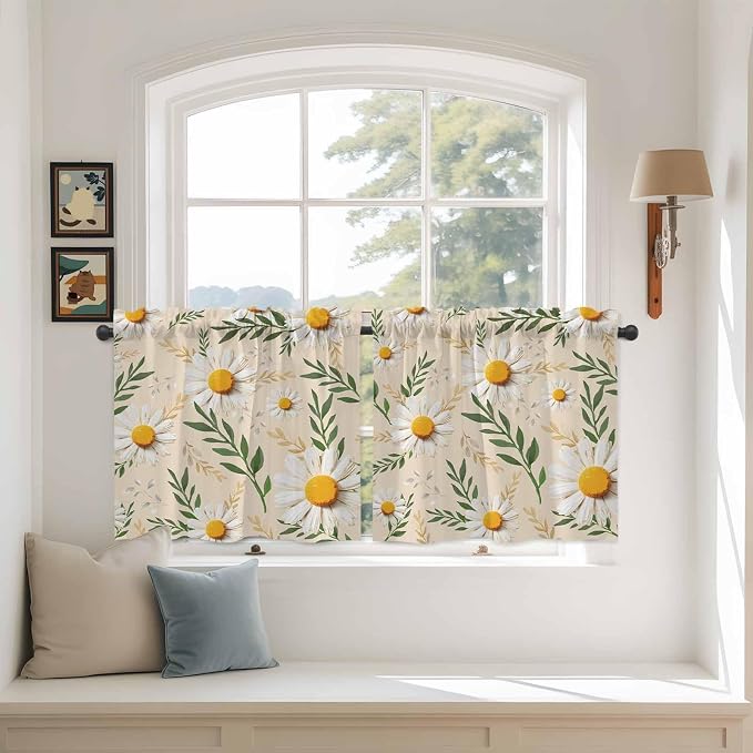 Spring Daisy Tier Curtains, Country Watercolor Flower Leaf Plant Light