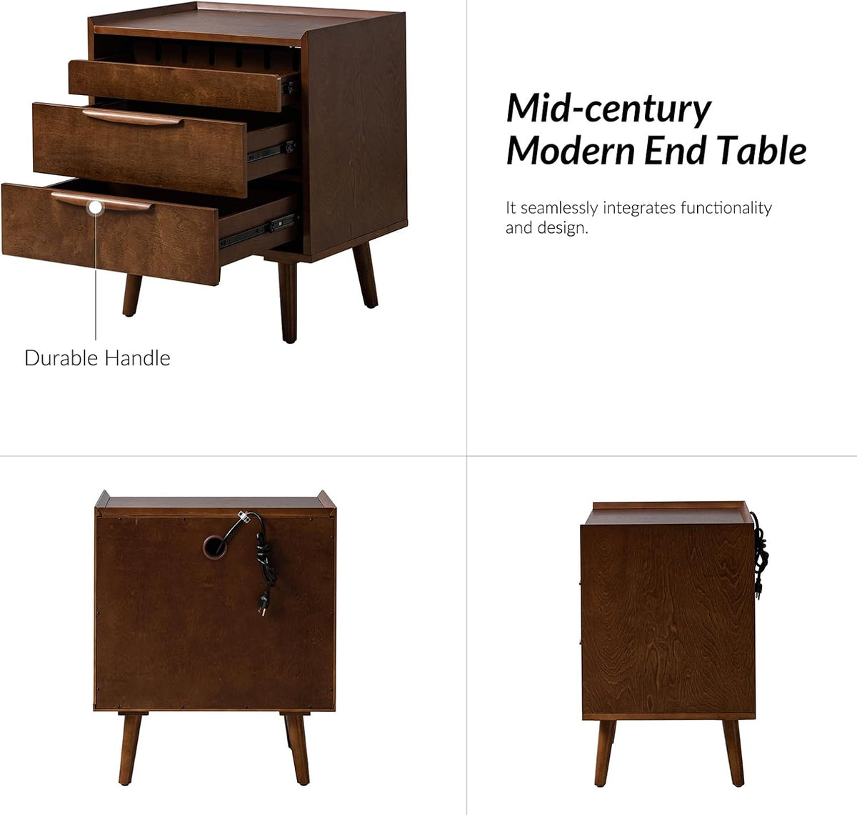 HULALA HOME 2-Drawer End Table with Charge Station, Walnut
