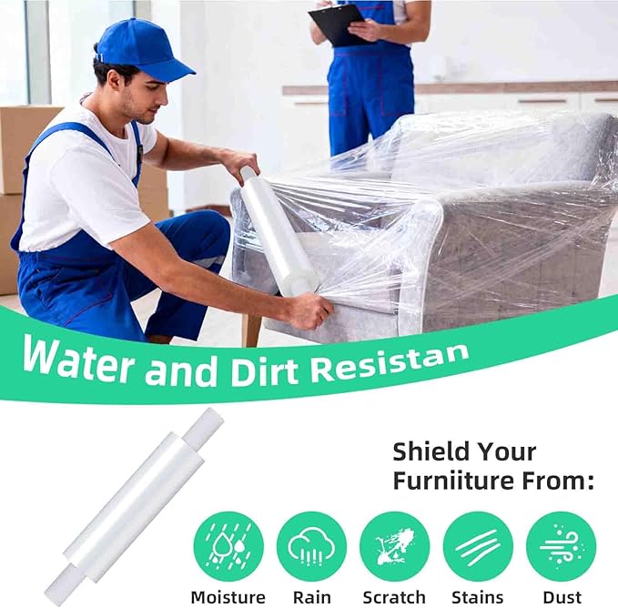 2 Rolls Stretch Film Wrap with Handles 15"x 1200ft, Heavy Duty Clear Plastic Wrap, Shrink Wrap for Pallet Wrap, Moving Furniture, Suitcases, Donations & Storage, Stretch Wrap for Shipping & Travel