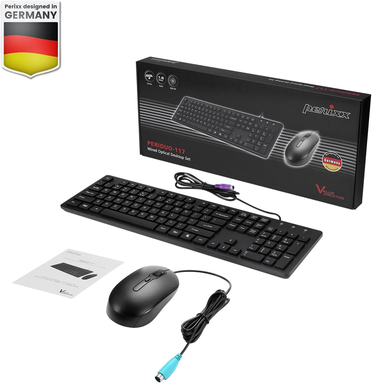 Perixx PERIDUO-117P, Wired Standard PS2 Keyboard and Mouse Combo - Full-Size Layout - Bundle with 3 Button Optical Mouse - 5.9 ft Cable - Black