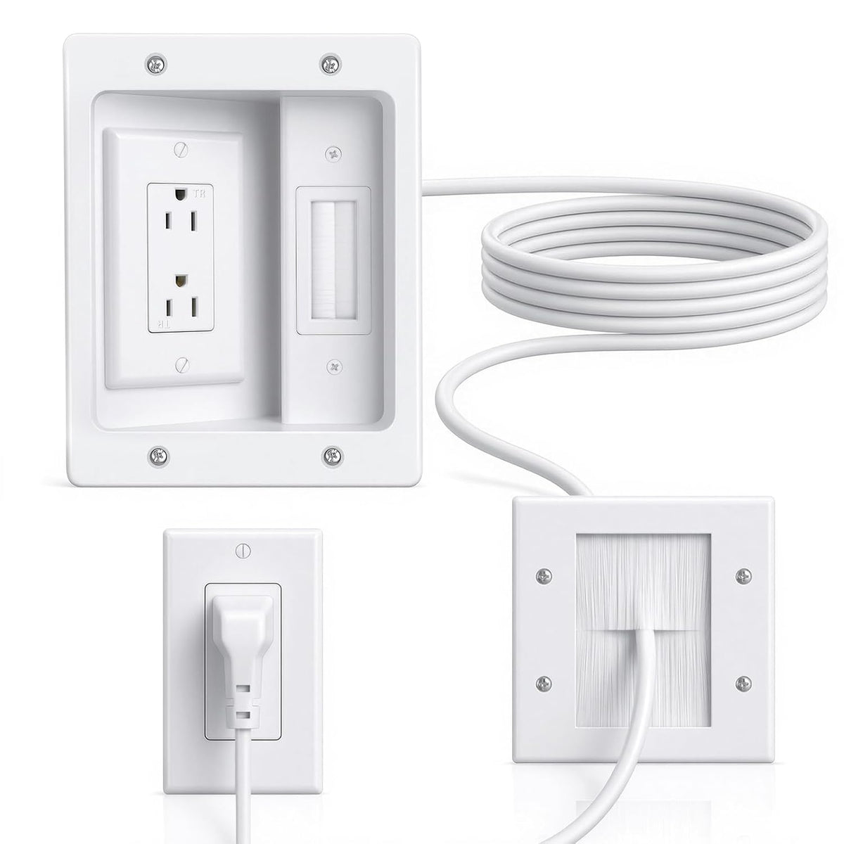 in Wall Cable Management Kit with Recessed Outlet Box, TV Cord Hider & Concealer - Dual Power Outlet, Large Pass-Through for HDMI Cables, UL Listed for Wall Mounted TV