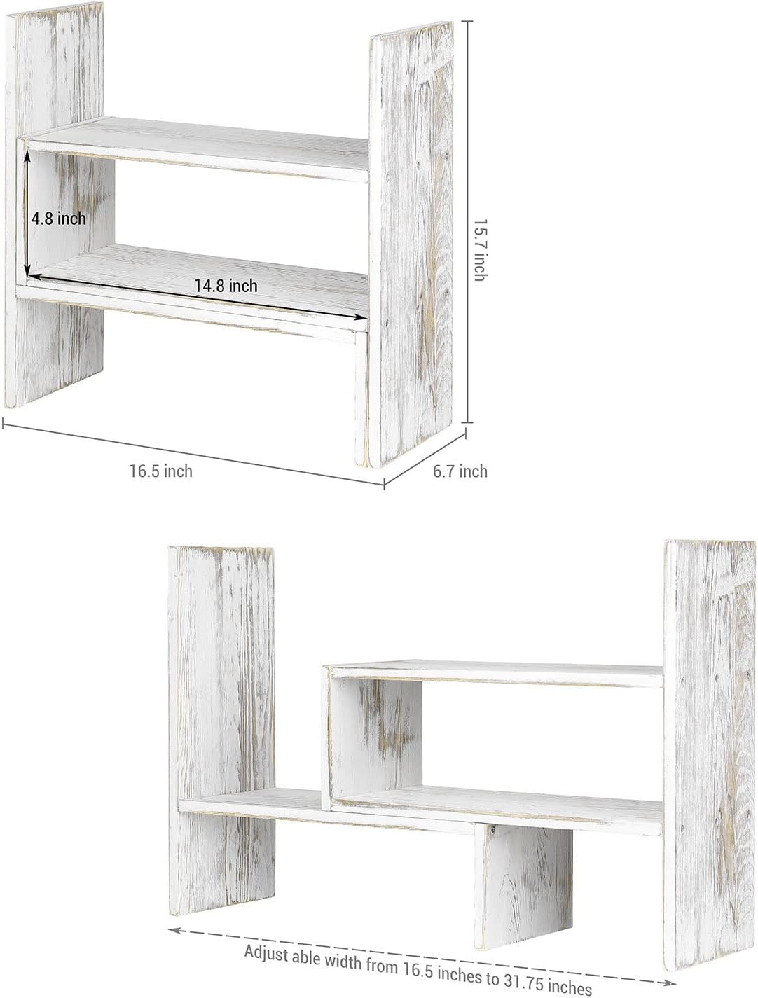 MyGift Adjustable Whitewashed Solid Wood Desktop Storage Organizer Display Shelf Book Rack, Office Desk Bookshelf