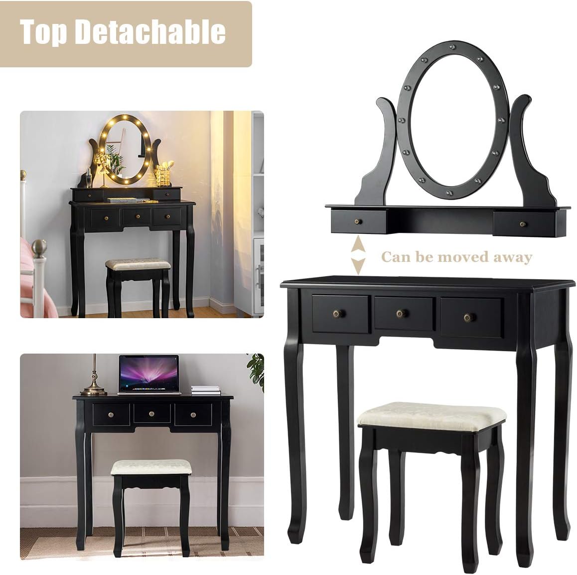 GOFLAME Vanity Set with 360° Rotating Oval Makeup Mirror, Dressing Table & Cushioned Stool Set with 5 Sliding Drawers & 12 LED Lights, Detachable Top, Perfect for Dressing Room, Bedroom (Black)