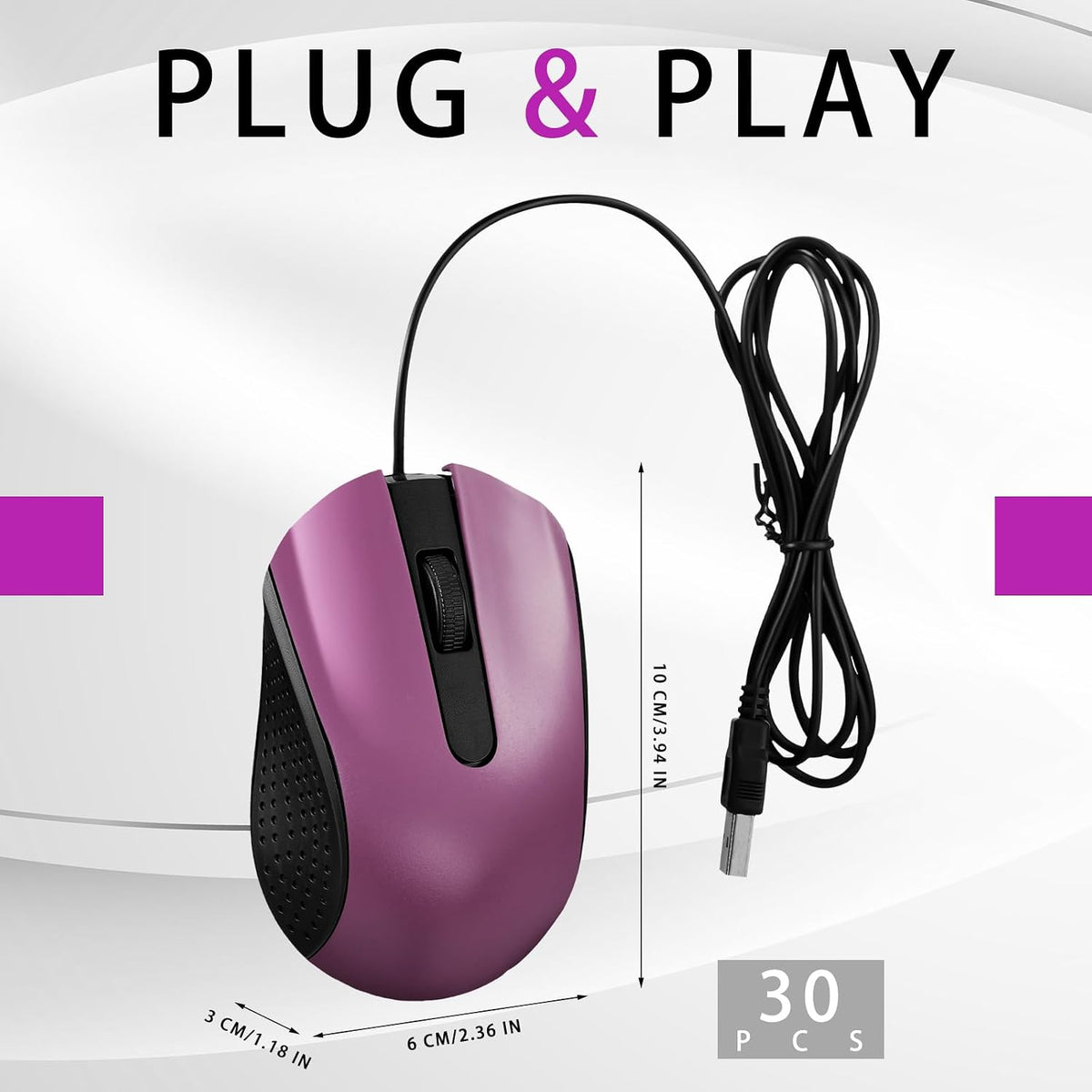 Bonuci 30 Pack Computer USB Wired Mouse Bulk 3 Button 800/1200 DPI Purple