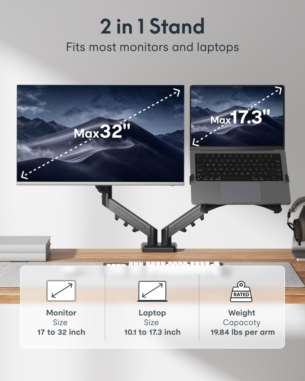 FlexiSpot Laptop Mount, Dual Monitor Arm with Laptop Tray, Fits Up to 32 Inch Monitor and 17.3 Inch Notebook, Full Adjustable Gas Spring Holds up to 19.84lbs per Arm for Office & Home, Black