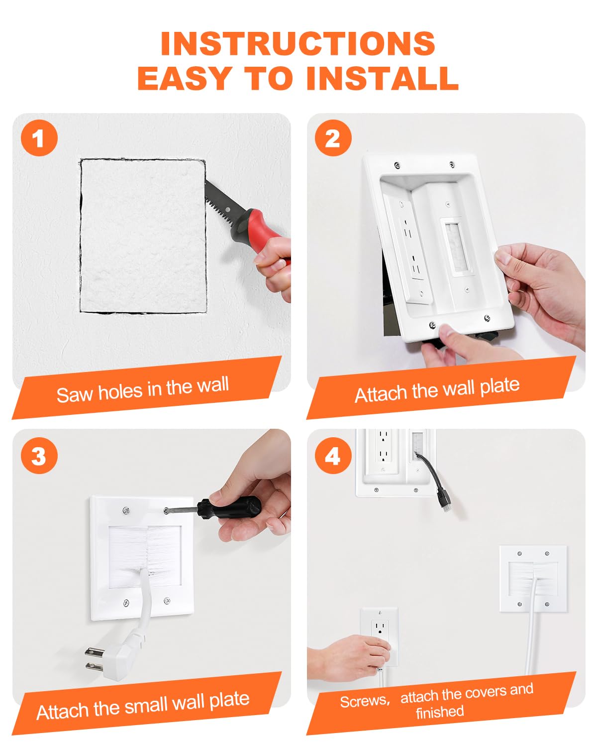 in Wall Cable Management Kit with Recessed Outlet Box, TV Cord Hider & Concealer - Dual Power Outlet, Large Pass-Through for HDMI Cables, UL Listed for Wall Mounted TV