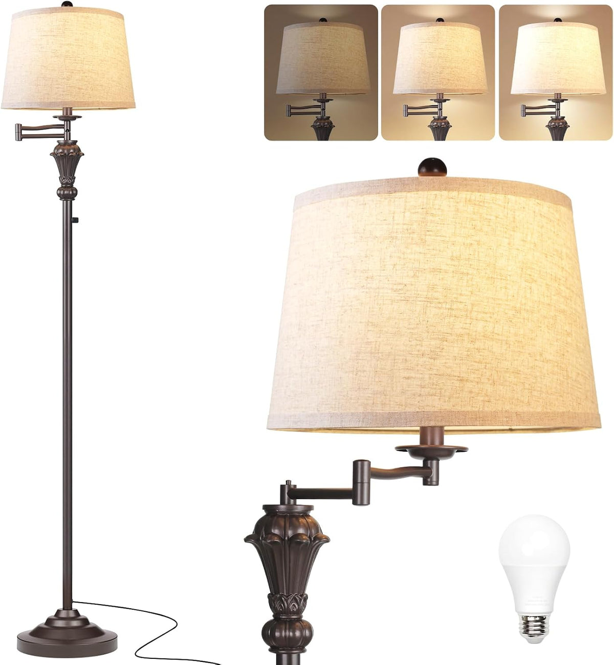 Dimmer Vintage Floor Lamp,Tall Standing Lamp with Adjustable Swing Arm,Brown Rustic Pole Lamps with Dimmer LED Bulb,Farmhouse Floor Lamps for Living Room Decor & Bedroom Office Reading