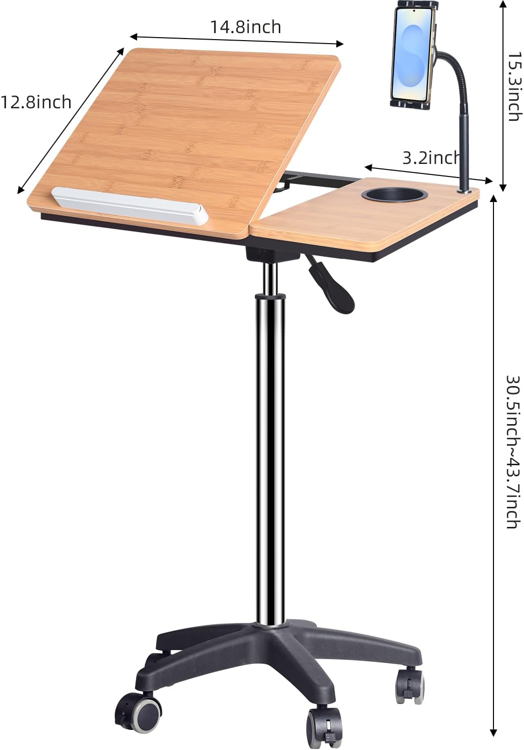 Mobile Laptop Stand Desk on Wheels, Height Adjustable Rolling Cart with Tilting Tabletop and Cup Holder (XX-Large)