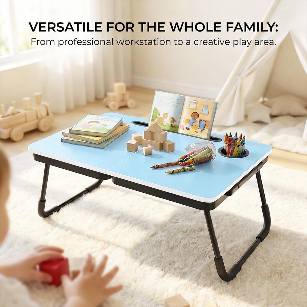 BUYIFY 23.4" Foldable Lap Desk Bed Table with Cup Holder Tray Blue