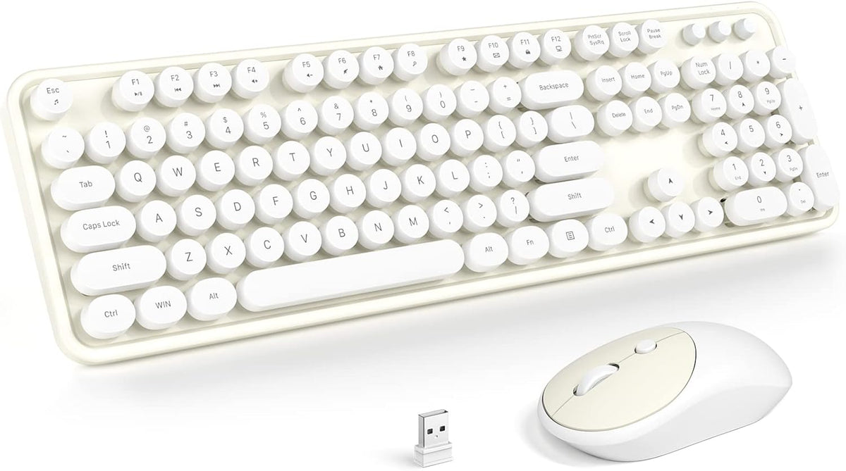 Atelus Wireless Keyboard and Mouse, Typewriter Full Size Keyboard with Number Pad and 2 in 1 USB Connected Mouse for Windows 7/8/10, Laptop, Desktop, PC, Computer (Off-White)
