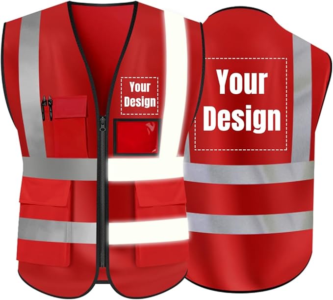 YOWESHOP High Visibility Safety Vest Custom Your Logo Protective Workwear 5 Pockets With Reflective Strips Outdoor Work Vest (Red (XL))