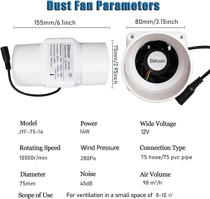 12V Inline Duct Fan 3 Inch Vent Booster 14W HVAC Exhaust Intake Fans 58Cfm Air
