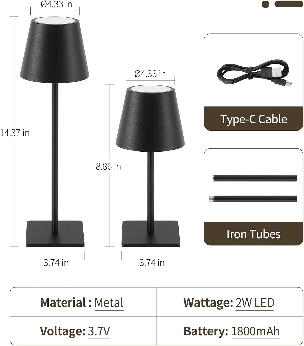 UME 3 Pack Cordless Table Lamp, Battery Operated Lamp - Portable Waterproof Rechargeable Table Lamp w/ 3 Color Temps & Stepless Dimming for Dinner, Desk, Cafe, Outdoor (Black)