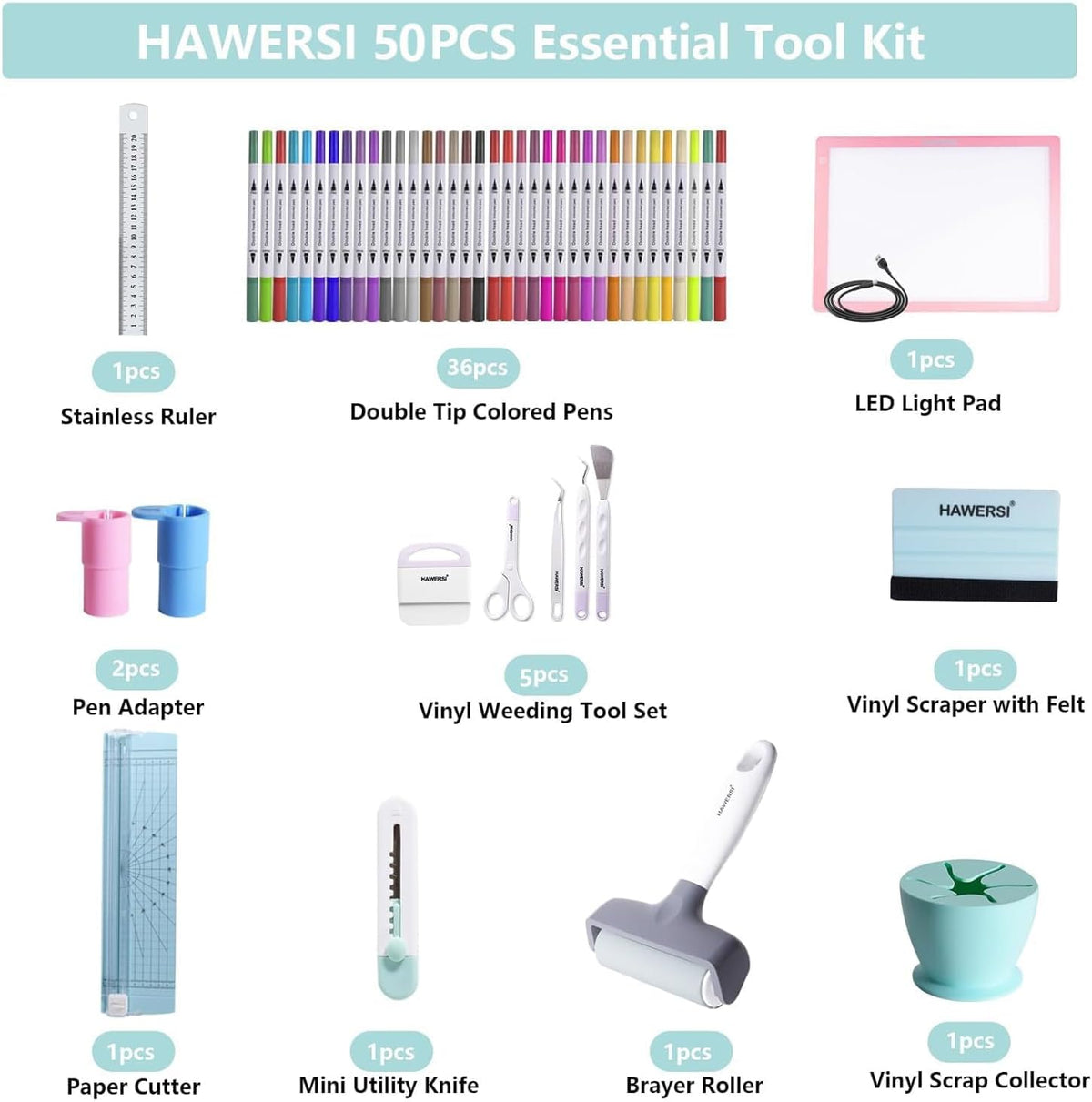 HAWERSI Essential Craft Tools Set for Cutting Machine,Weeding Tools for Vinyl,Paper Cutter,Light Pad,Vinyl Weeding Scrap Collector,Brayer Rollers,Craft Accessories Bundle for Craft Projects