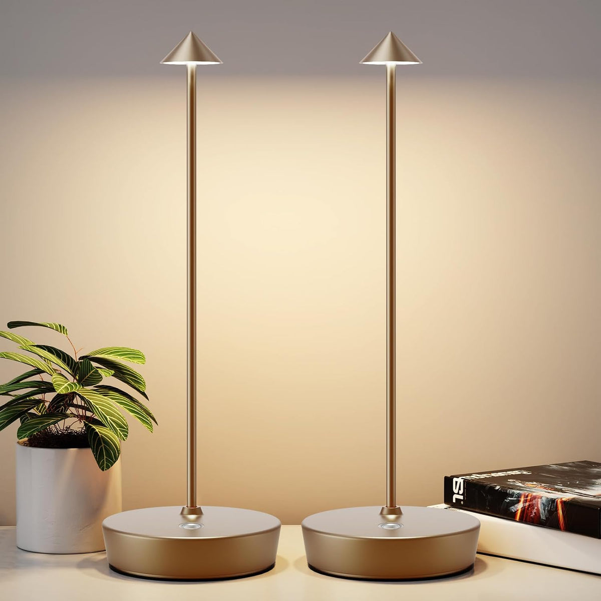 2Pack Rechargeable Cordless Table Lamp, Portable Powered LED Battery 6000mAh Metal USB Desk Lamp, 3 Levels Brightness Light for Restaurants Outdoor (2pack Titanium)