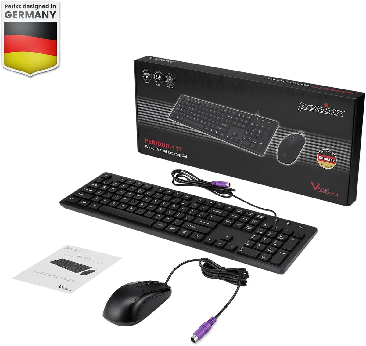 Perixx PERIDUO-117P, Wired Standard PS2 Keyboard and Mouse Combo - Full-Size Layout - Bundle with 3 Button Optical Mouse - 5.9 ft Cable - Black