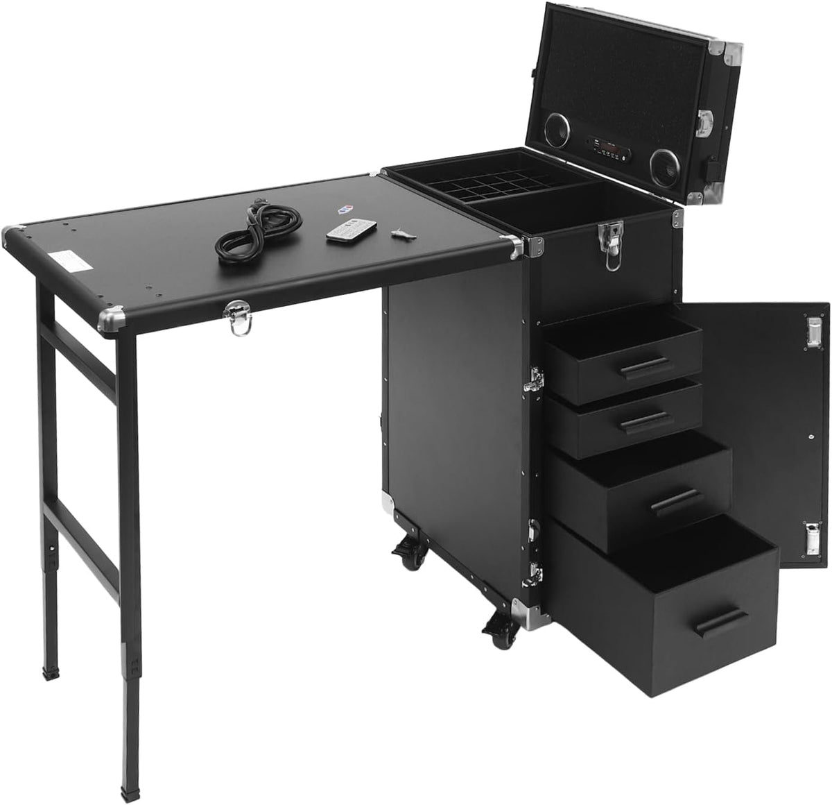 Nail Desk Mobile Station Rolling Makeup Train Case, Foldable Nail Table Manicure Table With Speaker Portable Nails Table Travel Cosmetic Trolley Storage Organizer