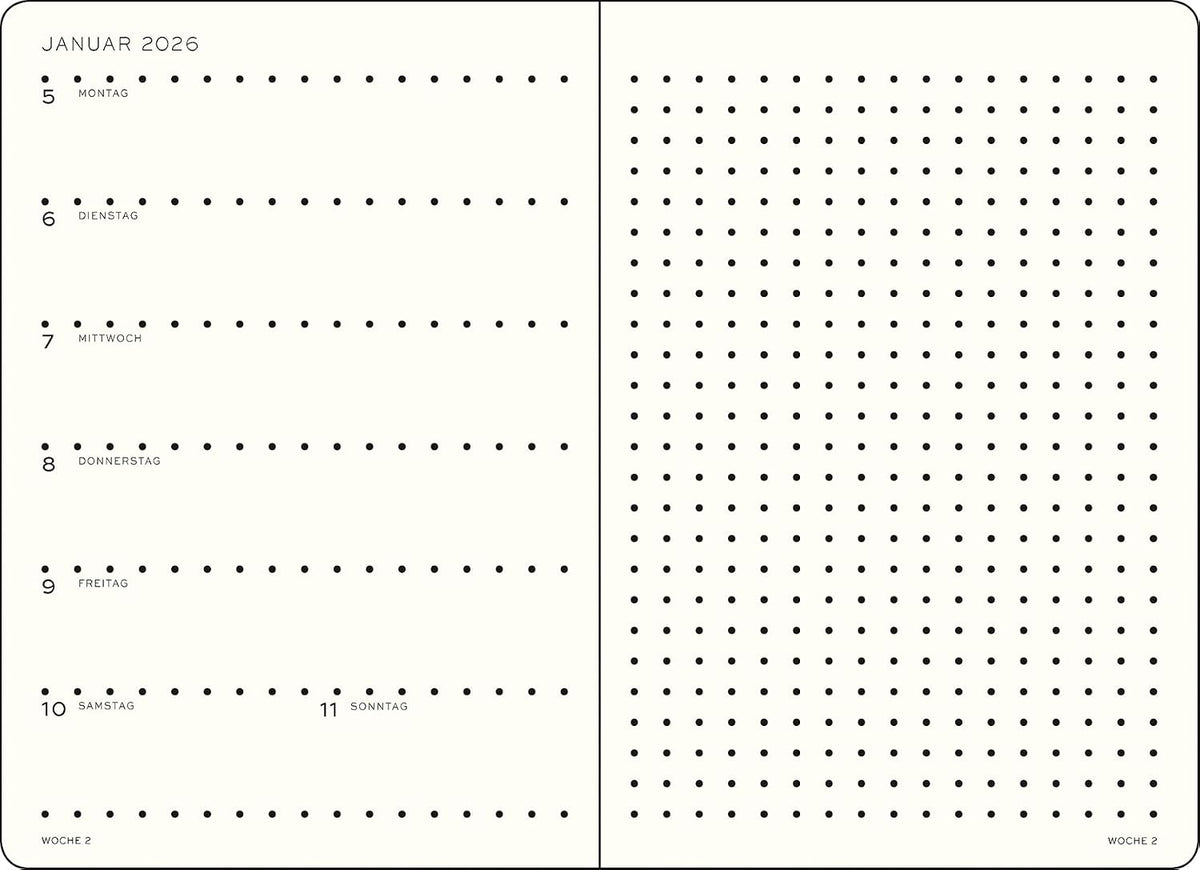 LEUCHTTURM1917 372524 Weekly Calendar & Notebook Dotted Medium (A5) 2026, 12 Months, Ink, German