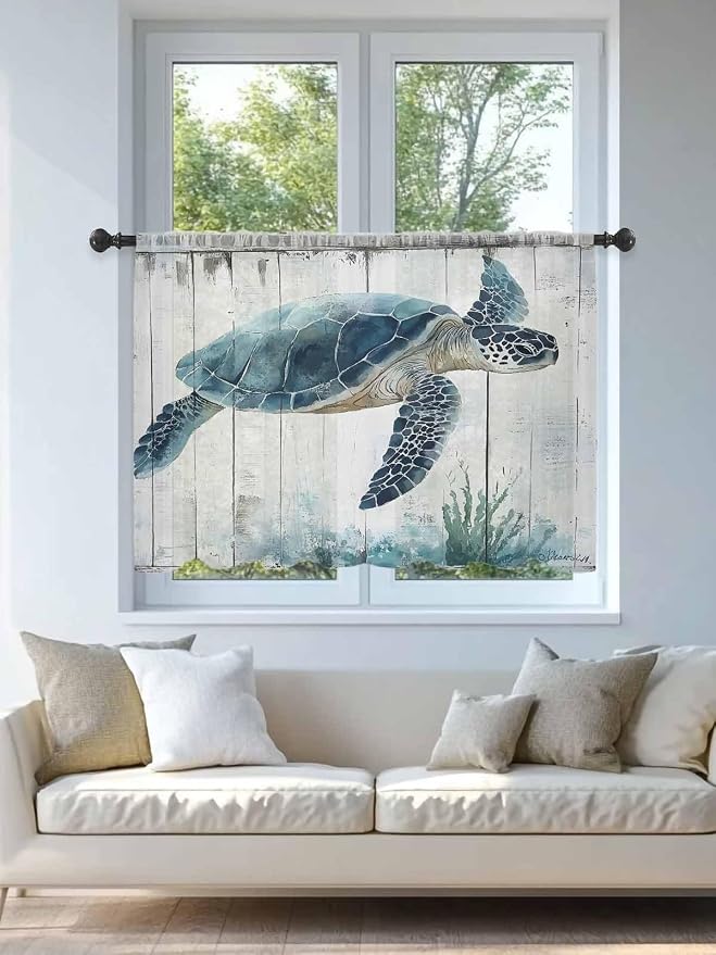 Sheer Curtains 45 Inch Length, Sea Turtle Teal Blue Semi Sheer Curtains Light