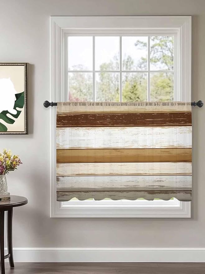 Sheer Curtains 54 Inch Length, Vintage Country Geometric Striped Privacy Voile