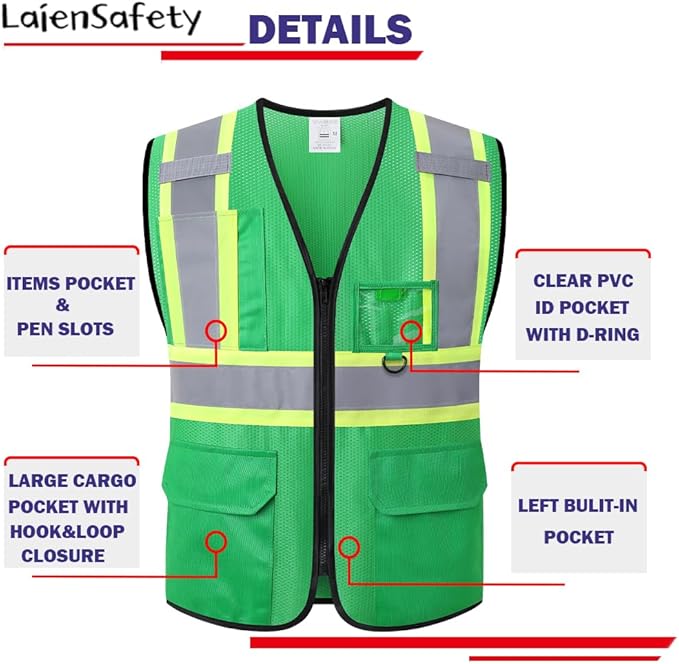 Hi Vis Reflective Safety Vest for Men Women with Multiple Pockets High Visibility Mesh Construction Work Vest,Meets ANSI/ISEA Standards(EK1-178-Green-L)