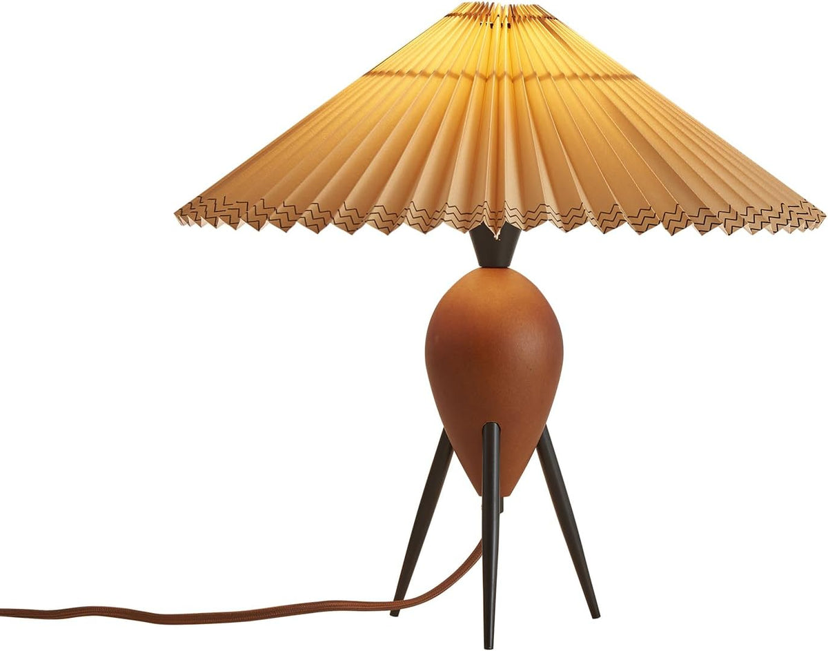 Japandi Zen Table Lamp, Red Solid Wood Tripod Base, Pleated Umbrella Shade