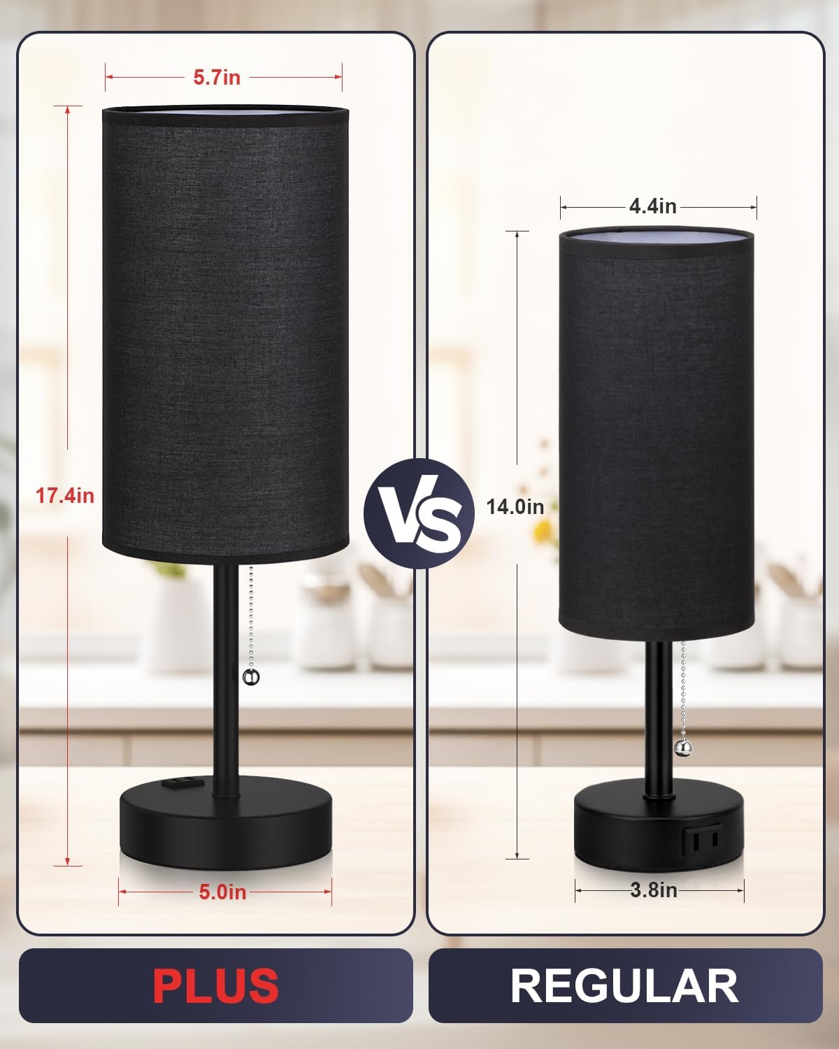 17.4" Black Bedside Table Lamps Set of 2 - Bedroom Lamp, USB C+A, AC Outlet