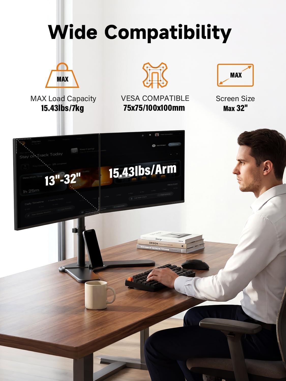 Bracwiser Dual Monitor Stand Mount, Free-Standing Full Motion Monitor Desk Mount for Two 13-32 inch, 15.43lbs, Adjustable Angle Height Monitors Arm, Desk Stand, Ergonomic L Feet, Black (ML7442)