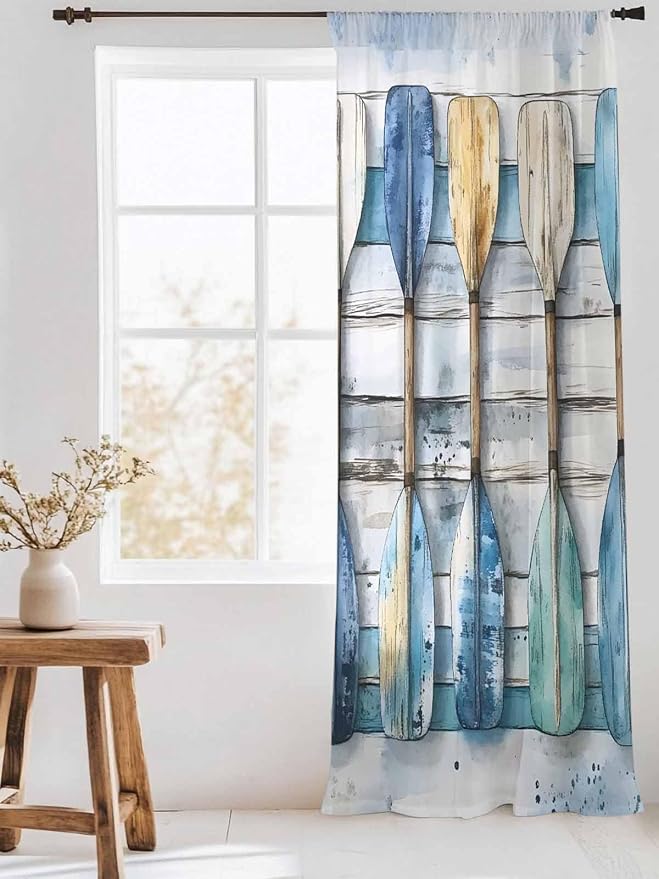Sheer Curtains 96 Inches Long, Lake Paddle Striped Semi Sheer Curtains Light