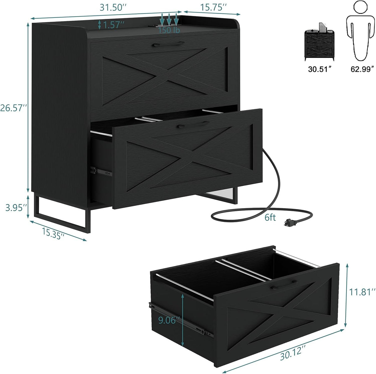 Vabches 2 Drawer Lateral File Cabinet with Charging Station, Black