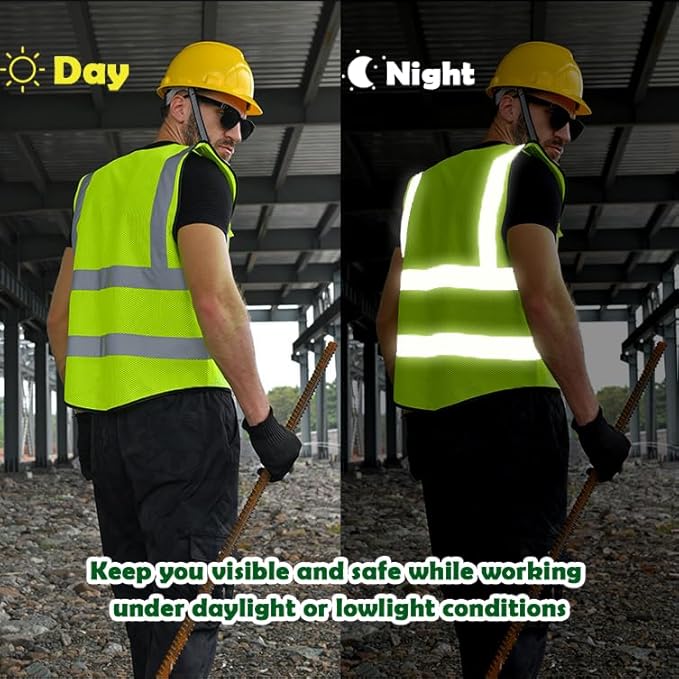 Mesh Safety Vest Custom Logo Class 2 High Visibility Reflective Vest with Pockets Construction Security Work Vest（Yellow，L）