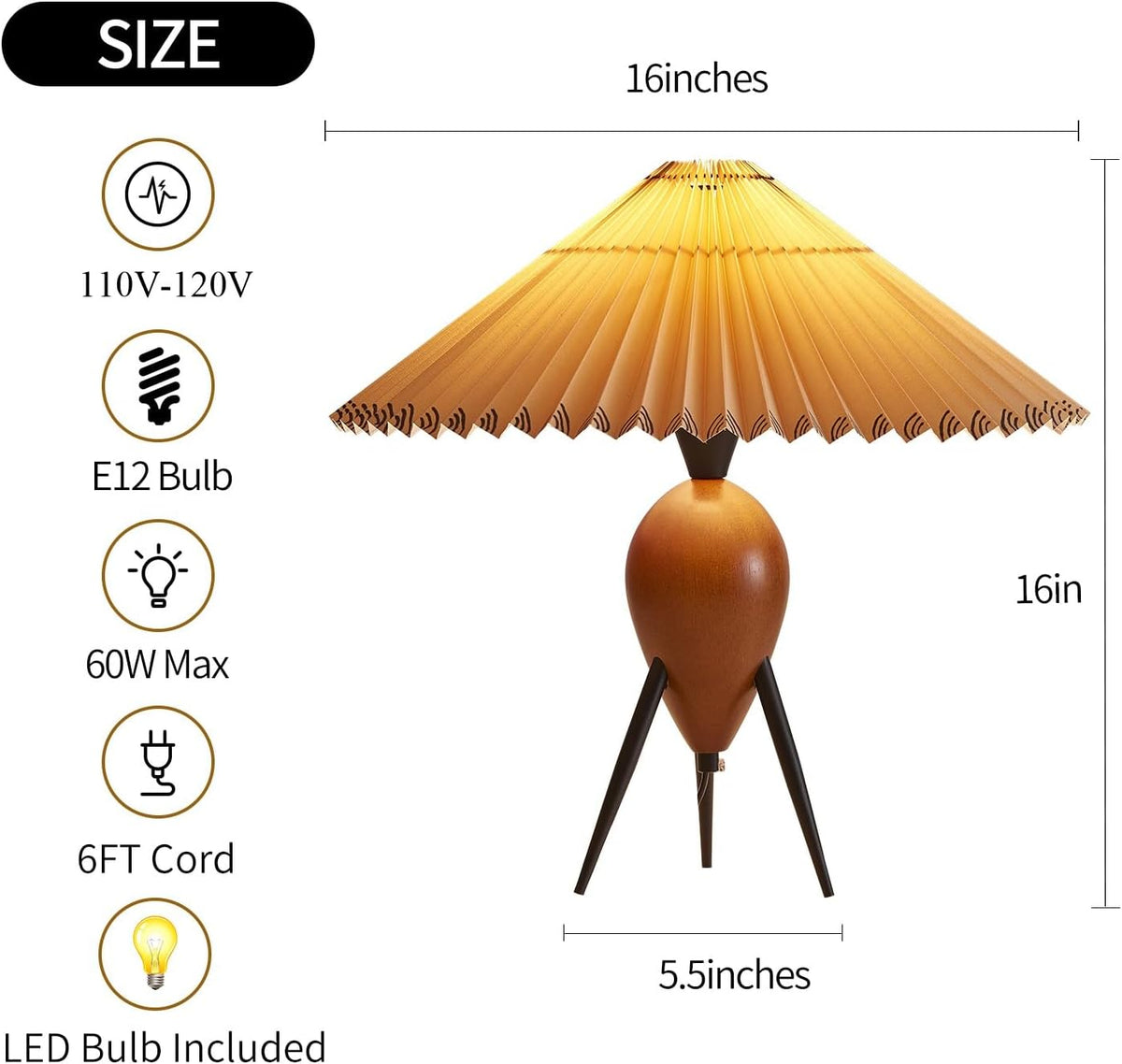 Japandi Zen Table Lamp, Red Solid Wood Tripod Base, Pleated Umbrella Shade